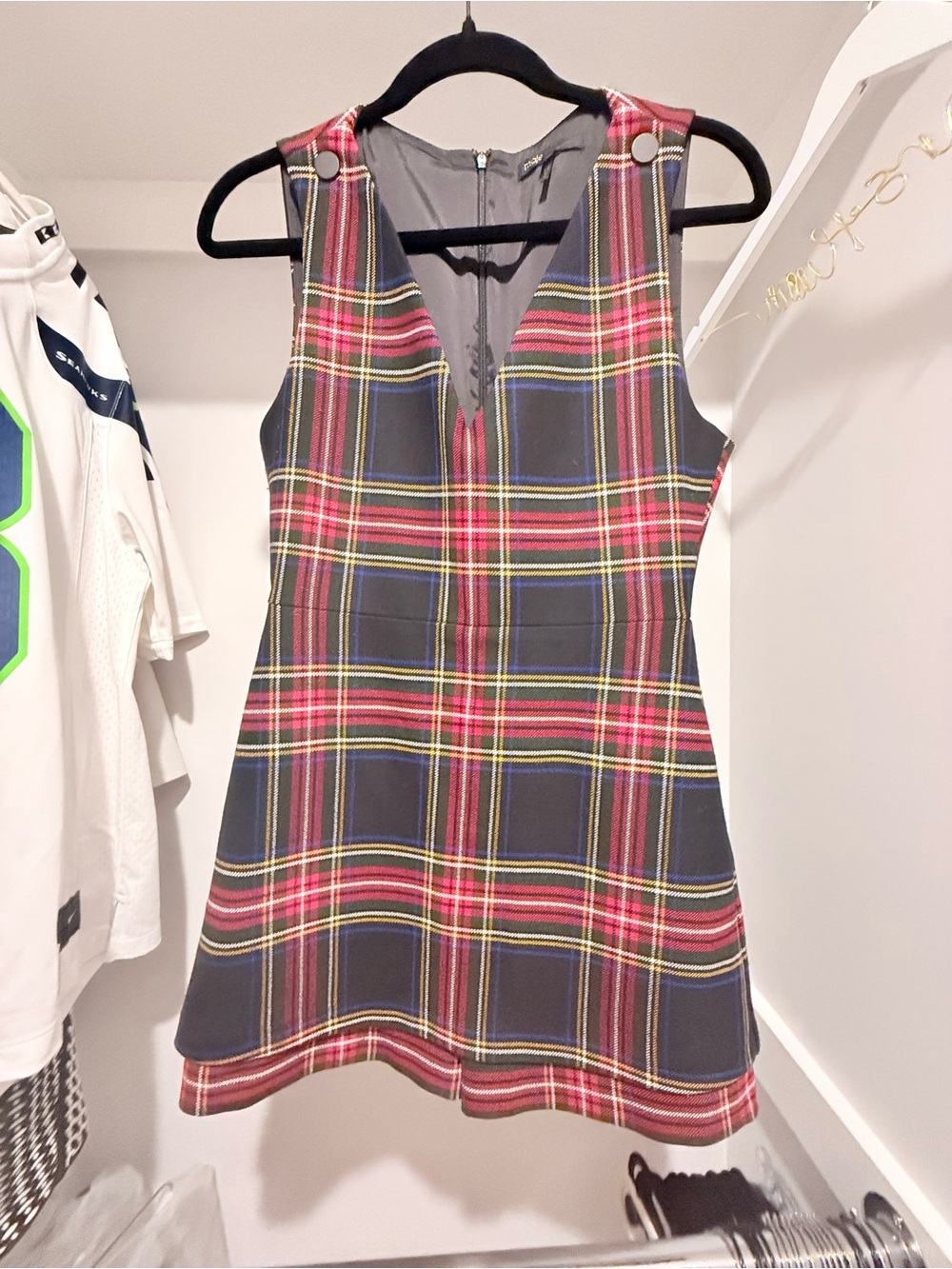 Maje Girls Plaid Pinafore Dress in Navy, Red, Yellow